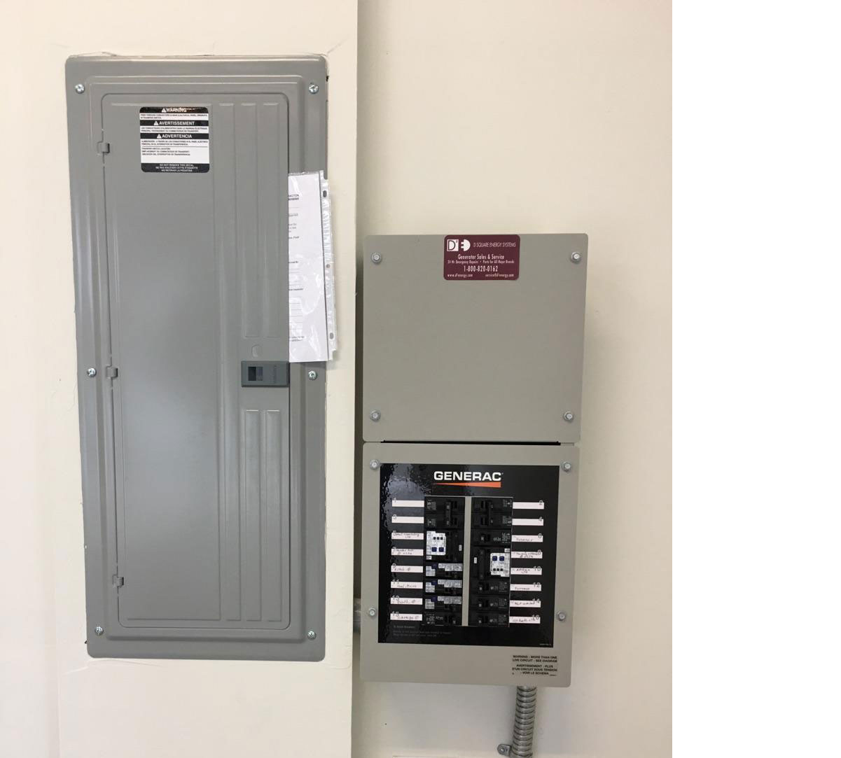 A gray electrical breaker panel from D2 Energy is mounted on a wall beside a smaller Generac transfer switch panel with labeled circuit breakers. Both panels are closed and appear to be in a utility room.